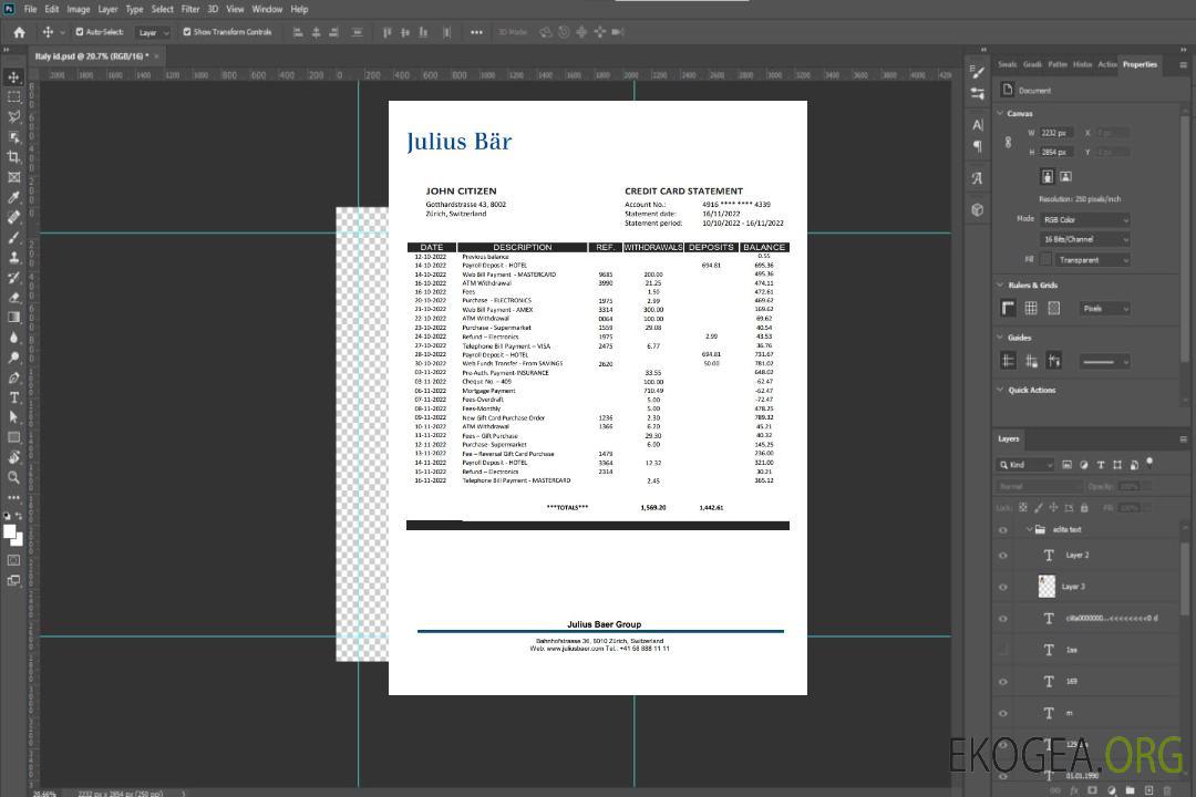Relevé bancaire Suisse Julius Bar template Relevé bancaire Suisse Julius Bar template